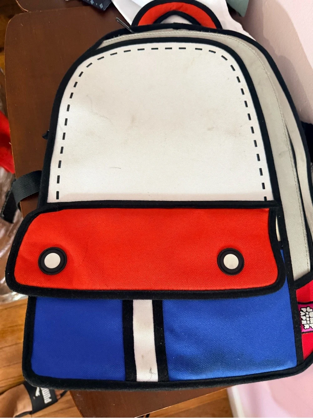 Jump from paper Graphic Colorblock Cartoon-Style Backpack in White, Red & Blue